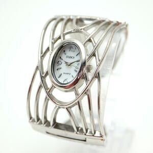 Studio Time Womens Silver Tone Oval MOP Watch 40mm Cuff Bangle w New Battery